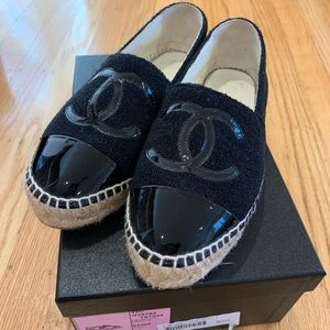 Chanel tweed espadrilles w/patent leather cap toe